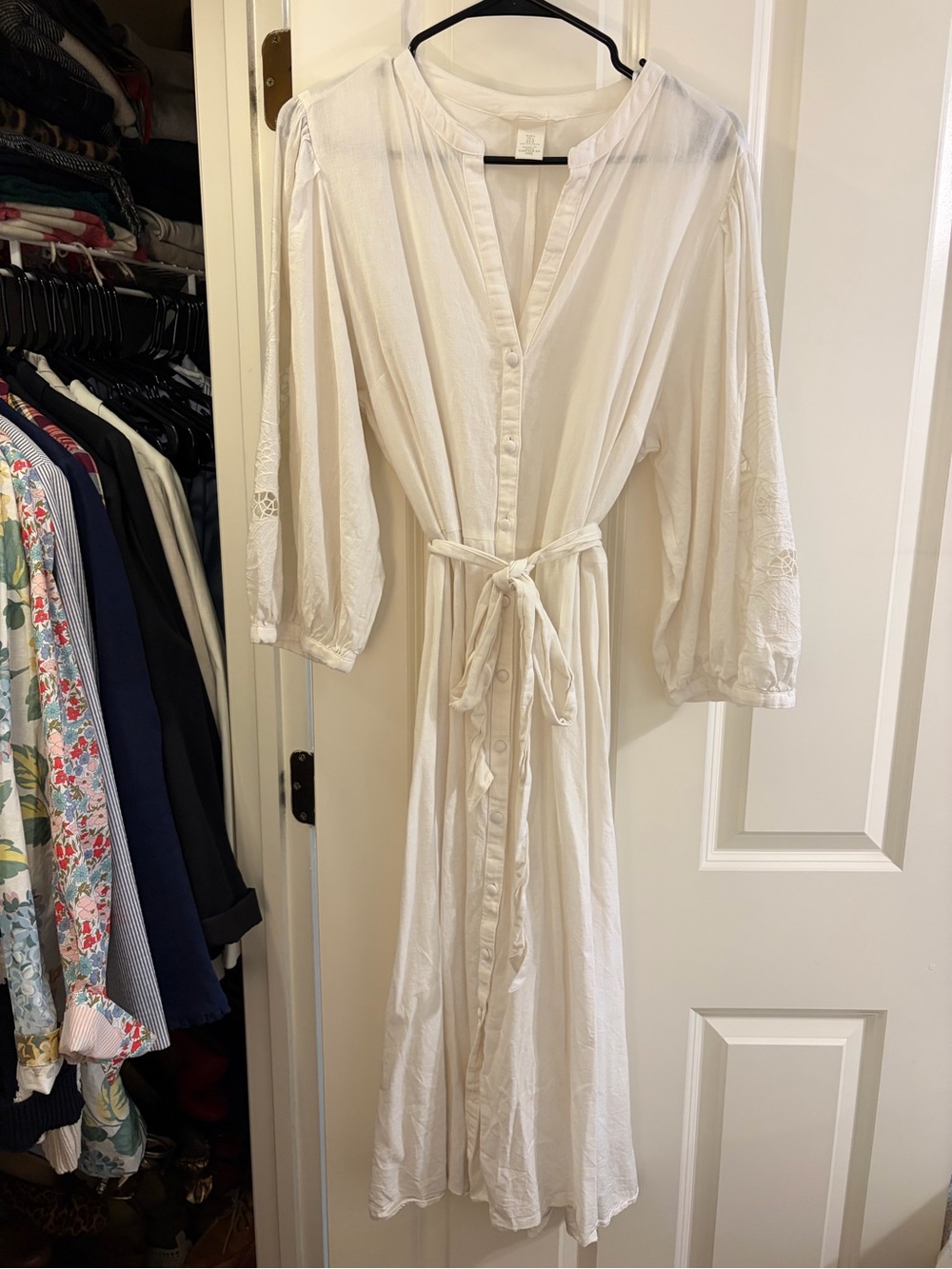 H&M Cream Button-Front Tie-Waist Midi Dress